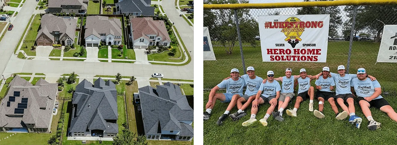 Aerial view of a neighborhood of new roofs, beside the Hero Home Solutions team at the #LukeStrong Softball Classic