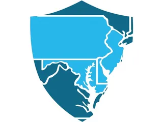 Shield-shaped map of Pennsylvania, New Jersey, Delaware and Maryland